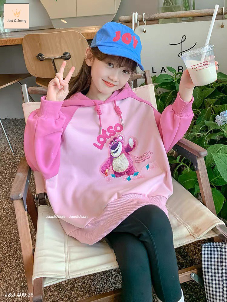 Bộ nỉ da cá Jam&Jenny áo hồng hình gấu dâu Lotso - quần đen size 2 - 12y