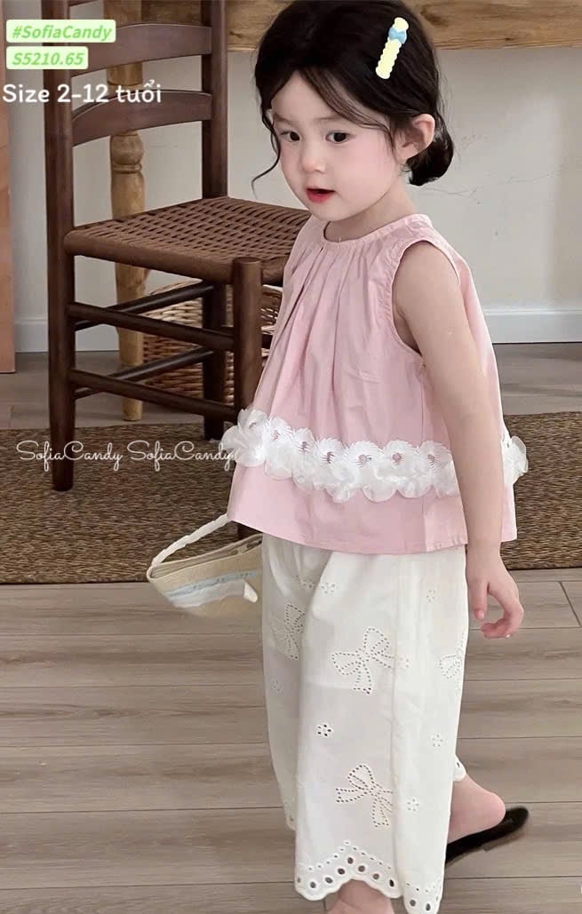 S5210 - Bộ thô sofia candy áo sát nách hồng phối hoa voan - quần trắng size 2 - 12y