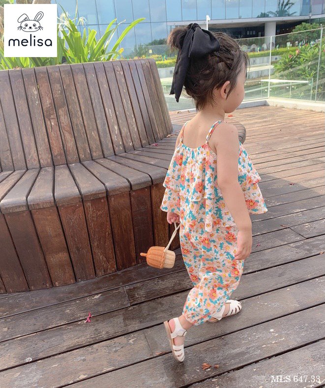 Bộ thô lanh Melisa áo 2 dây xếp bèo - quần boom 2 màu hoa size 2 - 11y