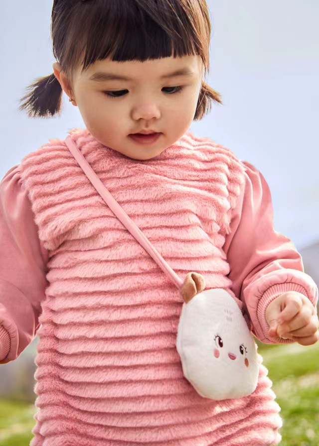 Áo váy nỉ hồng cam phối thân lông kèm túi gấu Mayoral size 6m - 36m