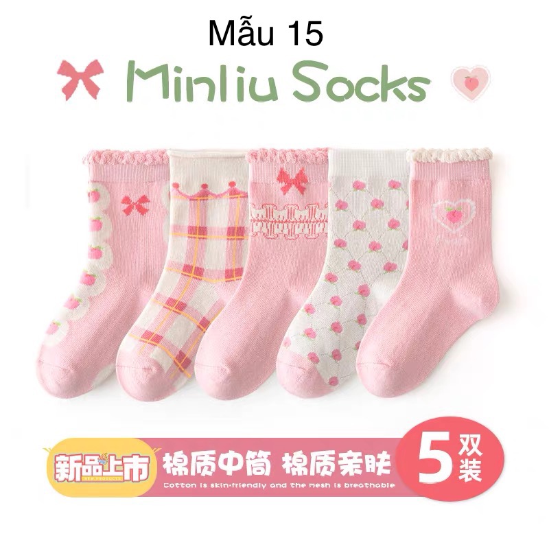 Set 5 tất Minliu Kids Socks nhiều hình Bé Gái size 2 - 12y