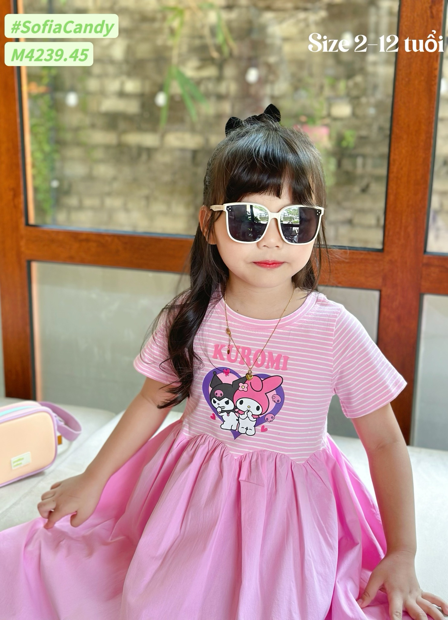 M4239 - Váy Mia Kids Kuromi Melody kẻ hồng chân váy hồng size 2-12y