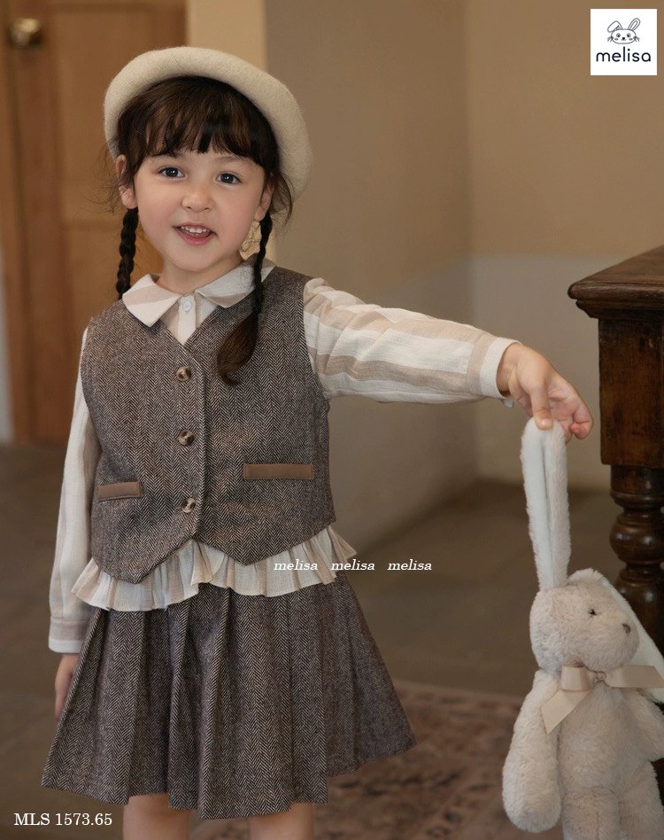 Set dạ Melisa 2 chi tiết màu ghi áo gile + chân váy xếp li size 2 - 12y (ko kèm sơ mi)