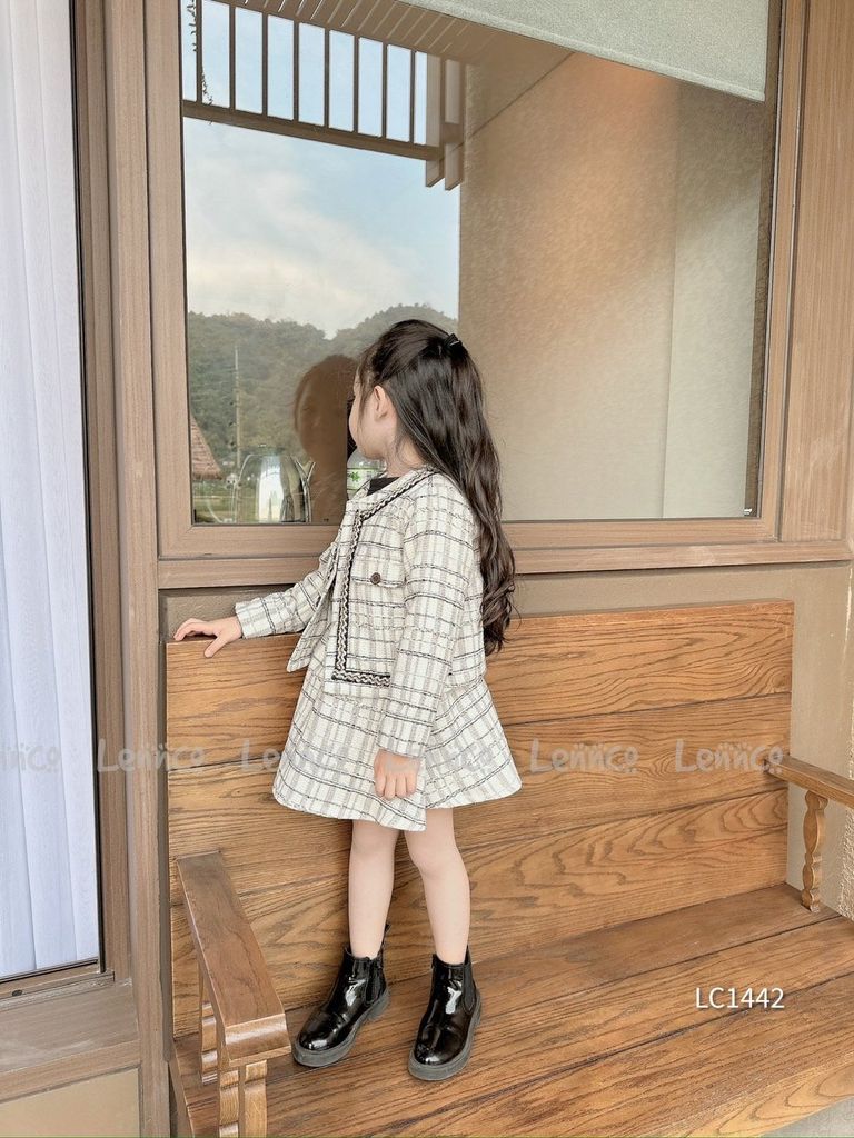 Set Lennco áo khoác + chân váy dạ tweed kem phối đen size 1 - 10y