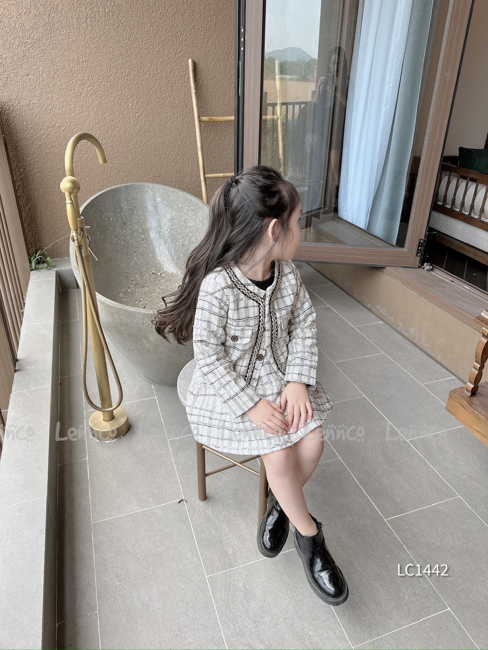 Set Lennco áo khoác + chân váy dạ tweed kem phối đen size 1 - 10y