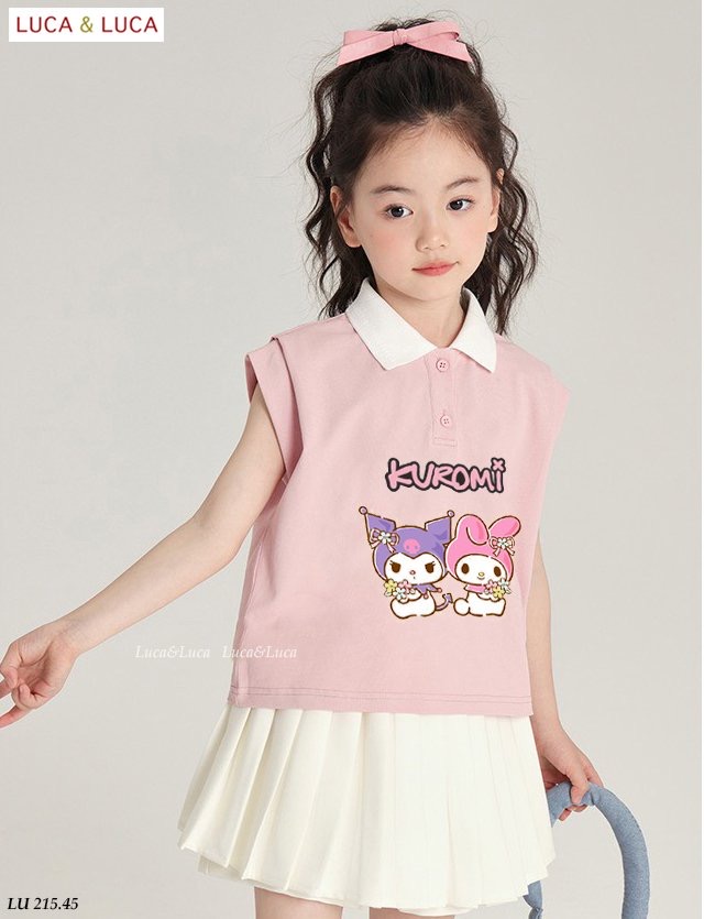 Set váy Luca & Luca Kuromi áo tay hến hồng cổ đức + chân váy BG size 2-12y