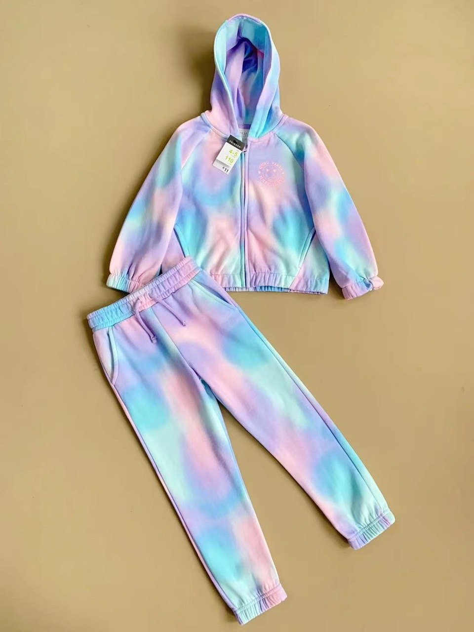 Bộ nỉ bông kéo khoá Primark loang sắc màu / áo kẻ - quần hồng size 2 - 8y