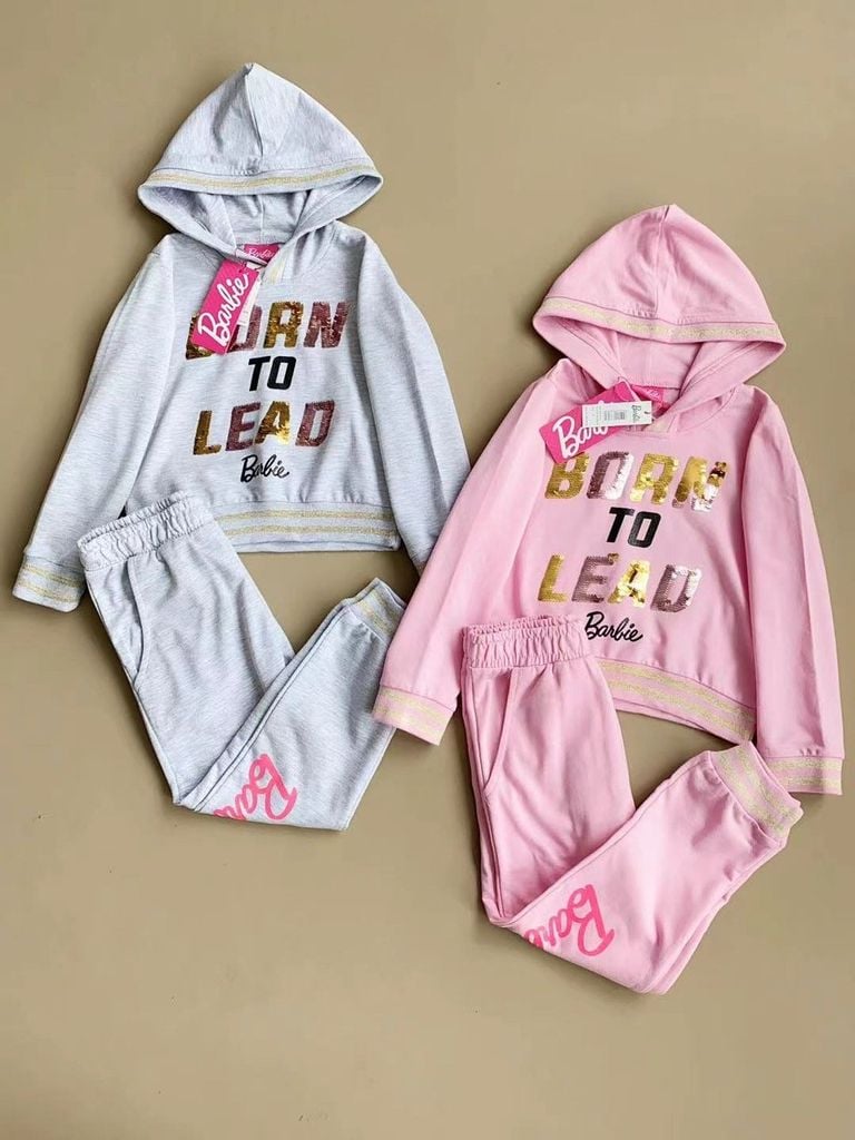 Bộ nỉ Barbie Born to lead dư xịn 2 màu cho bé gái size 4-12y