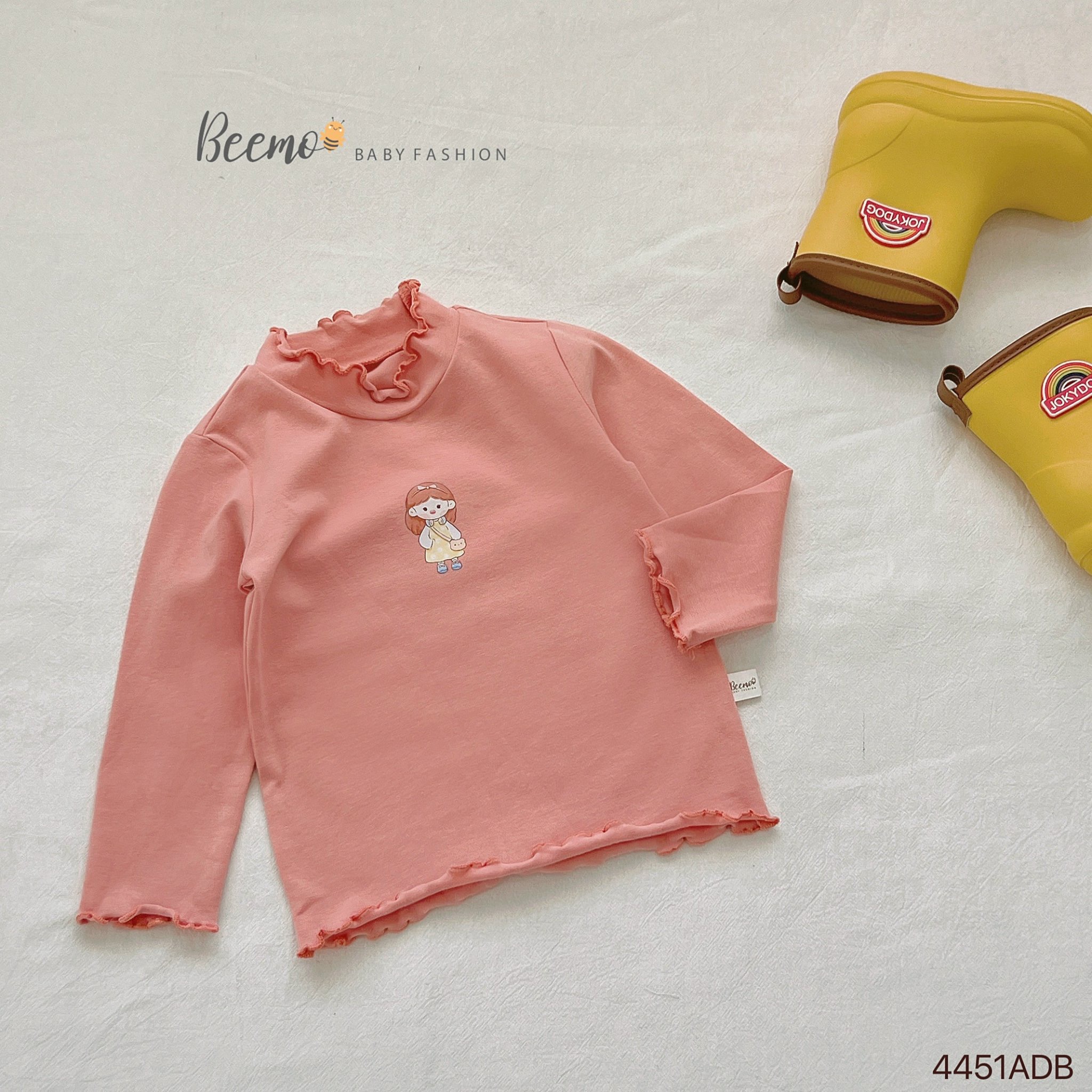 Áo cotton dài tay Beemo phối viền bèo in hình bé gái size 80-130