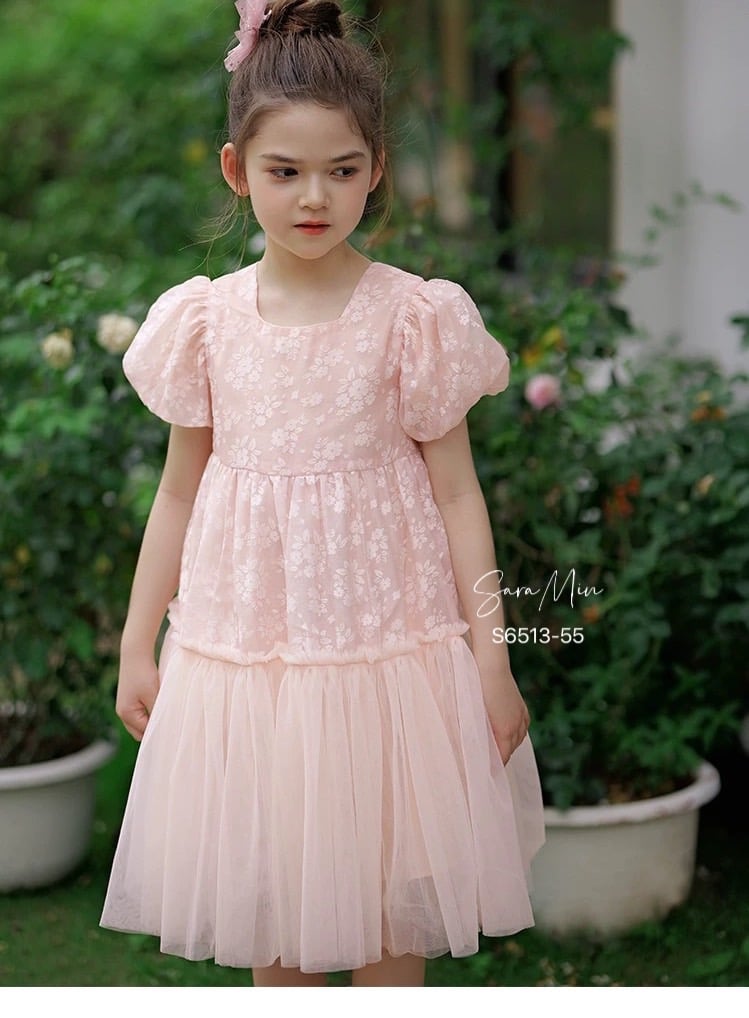 Váy công chúa voan lót thô Sara Min in hoa chìm 2 màu trắng / cam đào size 2 - 12y