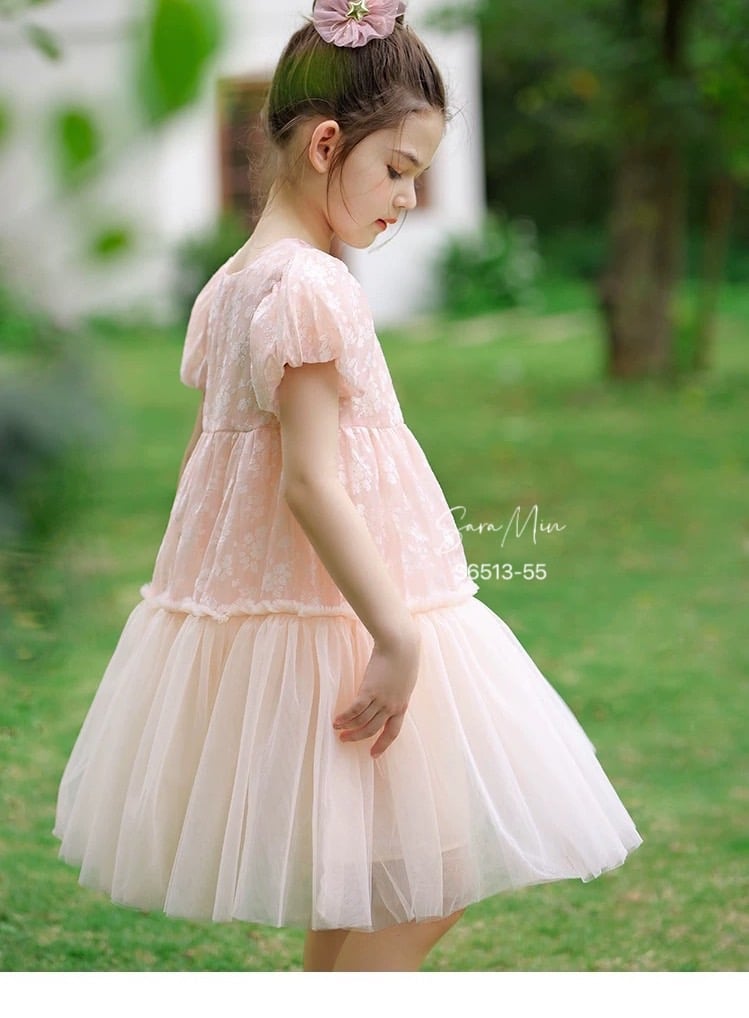 Váy công chúa voan lót thô Sara Min in hoa chìm 2 màu trắng / cam đào size 2 - 12y