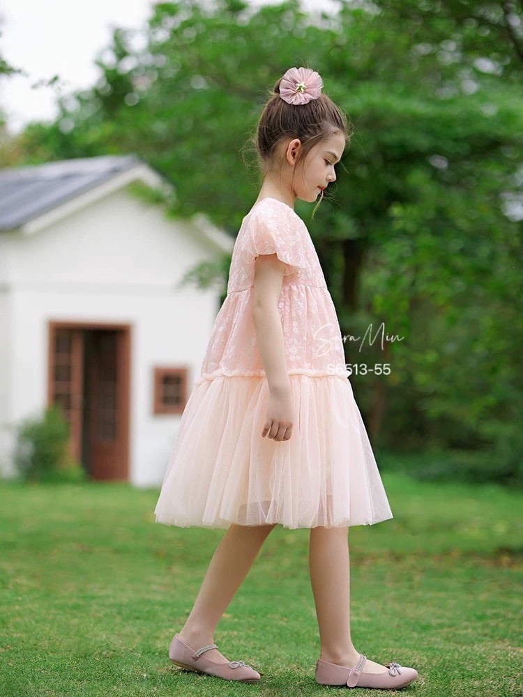 Váy công chúa voan lót thô Sara Min in hoa chìm 2 màu trắng / cam đào size 2 - 12y