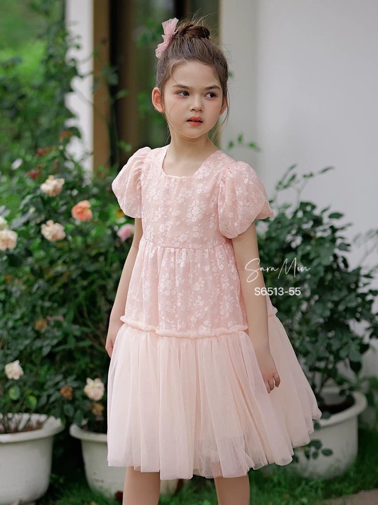 Váy công chúa voan lót thô Sara Min in hoa chìm 2 màu trắng / cam đào size 2 - 12y