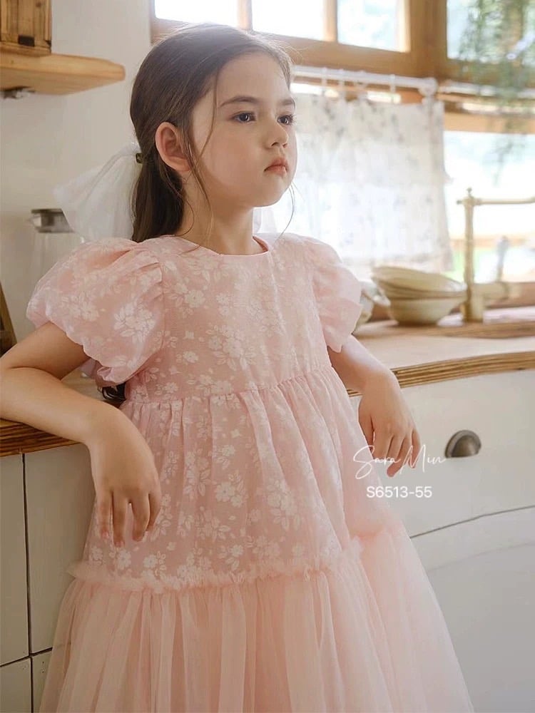Váy công chúa voan lót thô Sara Min in hoa chìm 2 màu trắng / cam đào size 2 - 12y