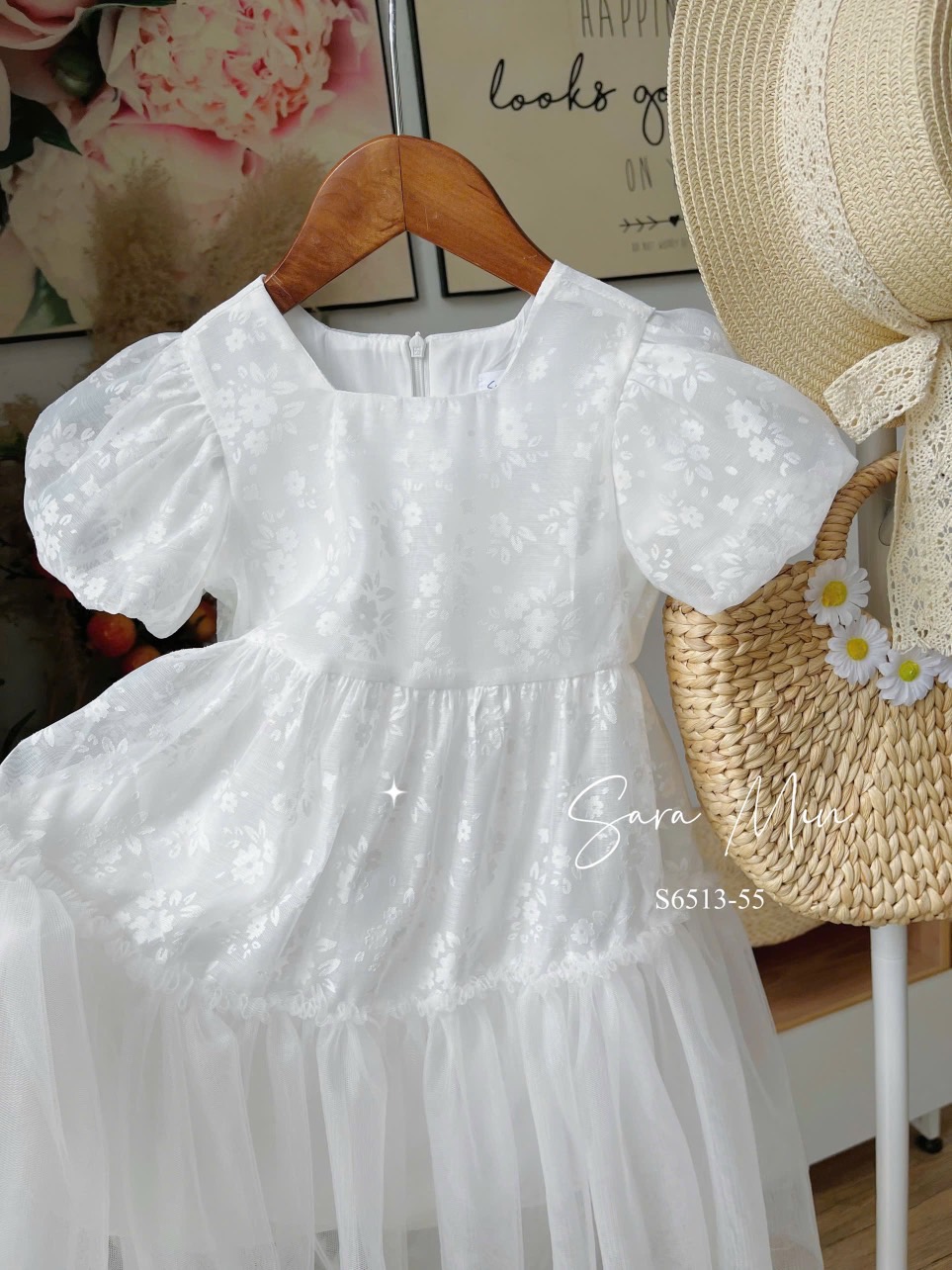 Váy công chúa voan lót thô Sara Min in hoa chìm 2 màu trắng / cam đào size 2 - 12y