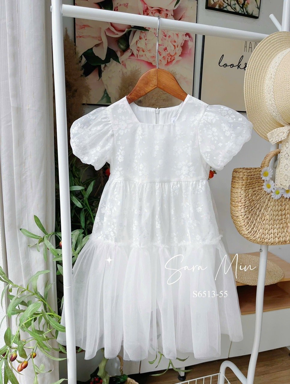 Váy công chúa voan lót thô Sara Min in hoa chìm 2 màu trắng / cam đào size 2 - 12y