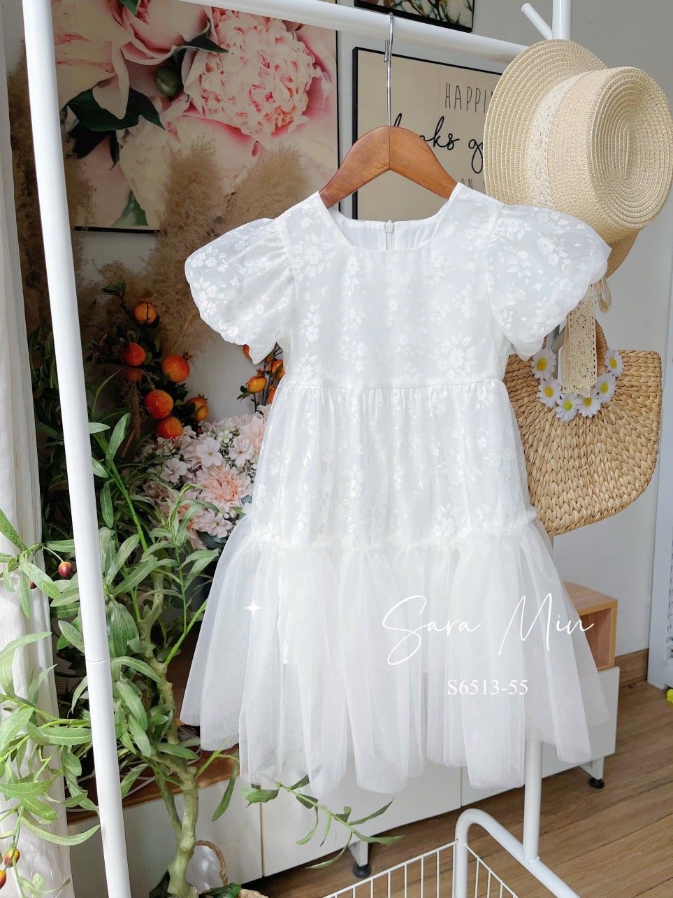 Váy công chúa voan lót thô Sara Min in hoa chìm 2 màu trắng / cam đào size 2 - 12y