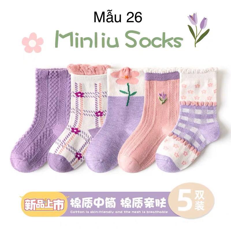 Set 5 tất Minliu Kids Socks nhiều hình Bé Gái size 2 - 12y