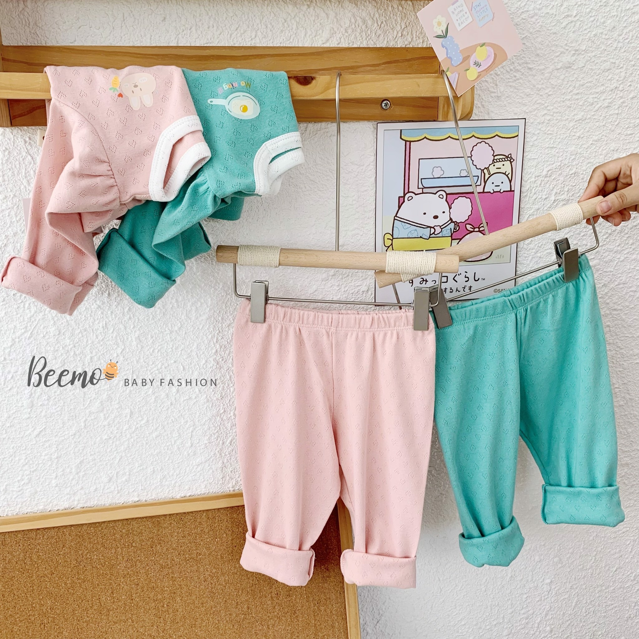 Bộ cotton dệt lỗ Beemo cổ vuông viền trắng 2 màu Xanh / Hồng BG