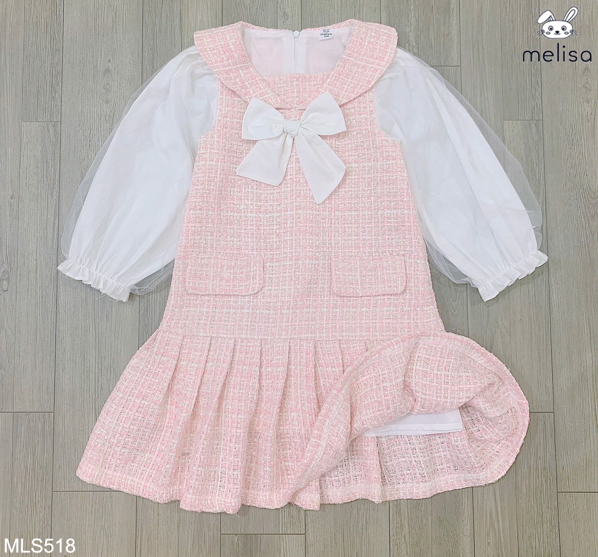 Váy dạ tweed Melisa màu hồng phối tay trắng đính nơ cổ size 12m - 10y