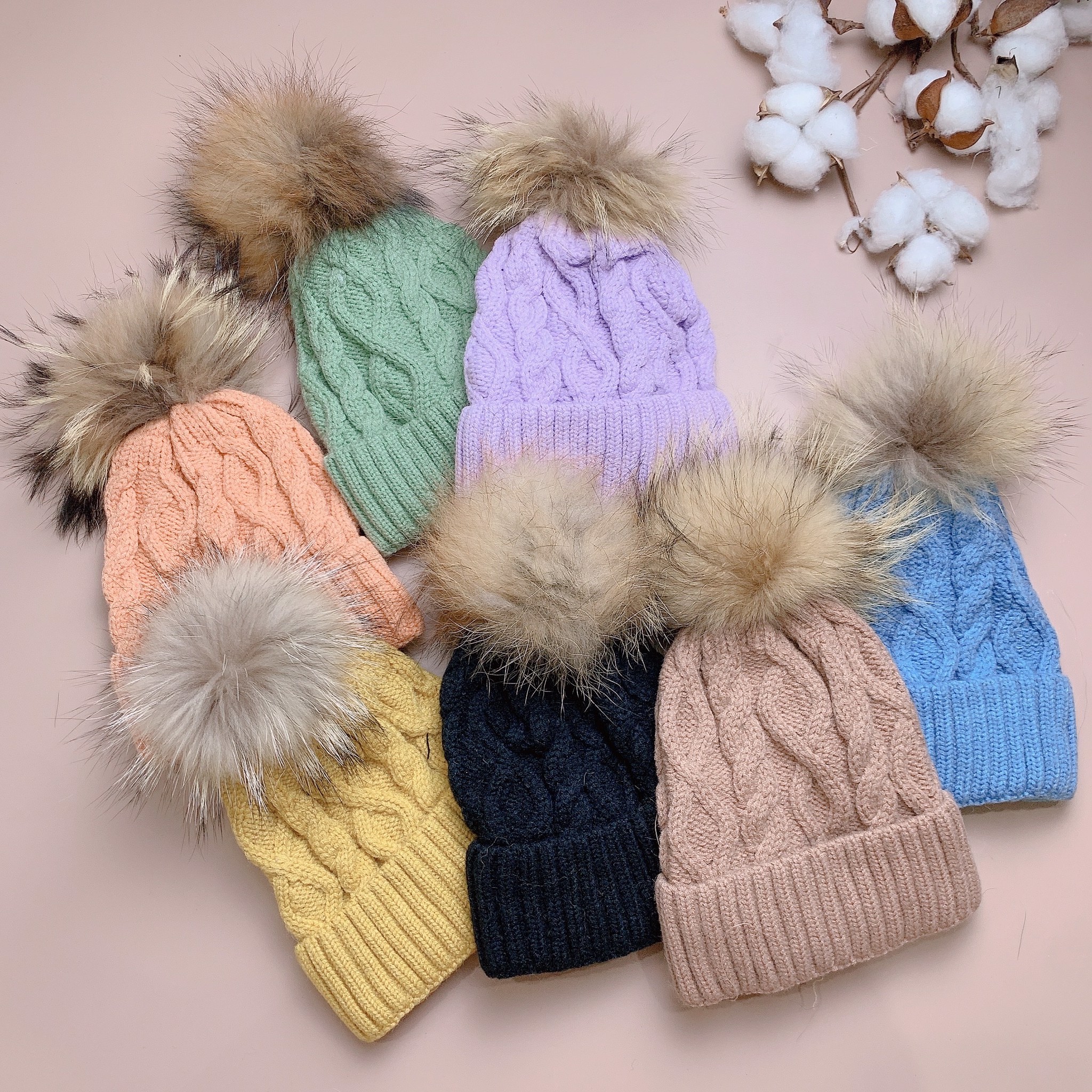 Mũ len vặn thừng chóp quả lông nhiều màu lót cotton