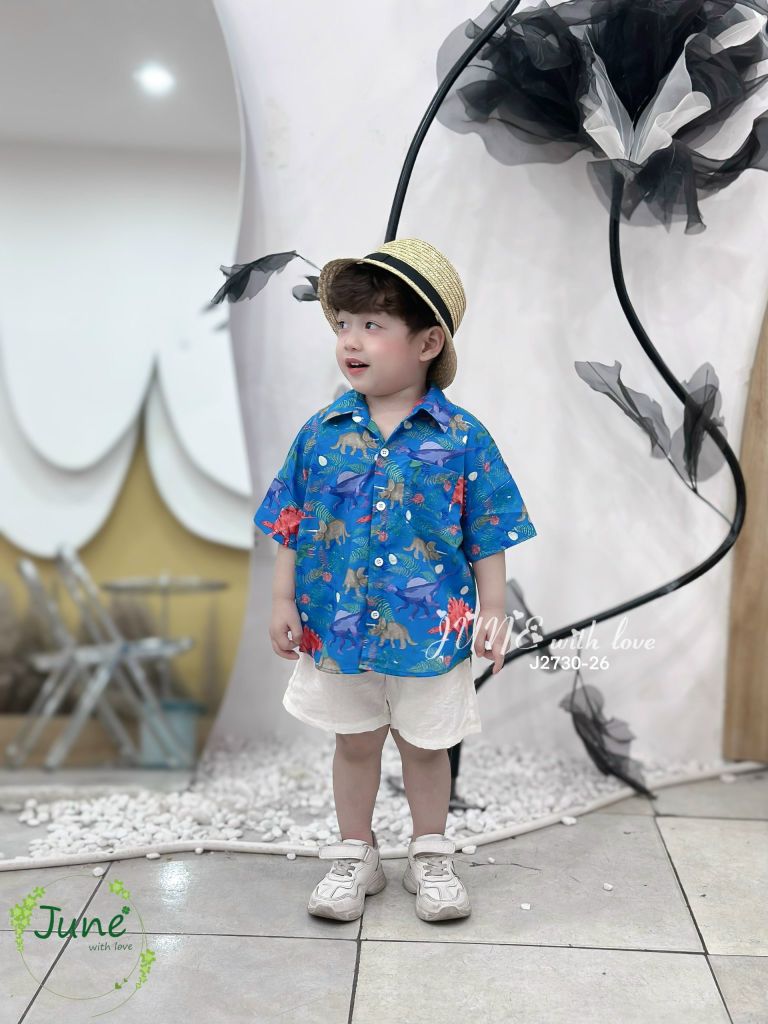 Bộ June With Love vải thô áo khủng long xanh BT size 1-10y