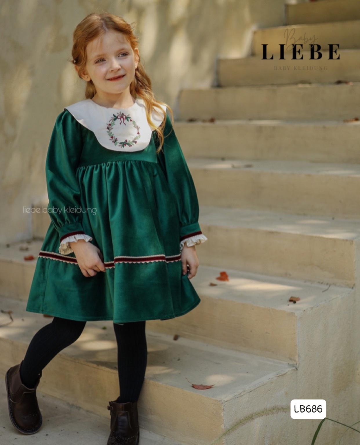 Váy nhung Liebe màu xanh cổ trắng BG size 2-11y