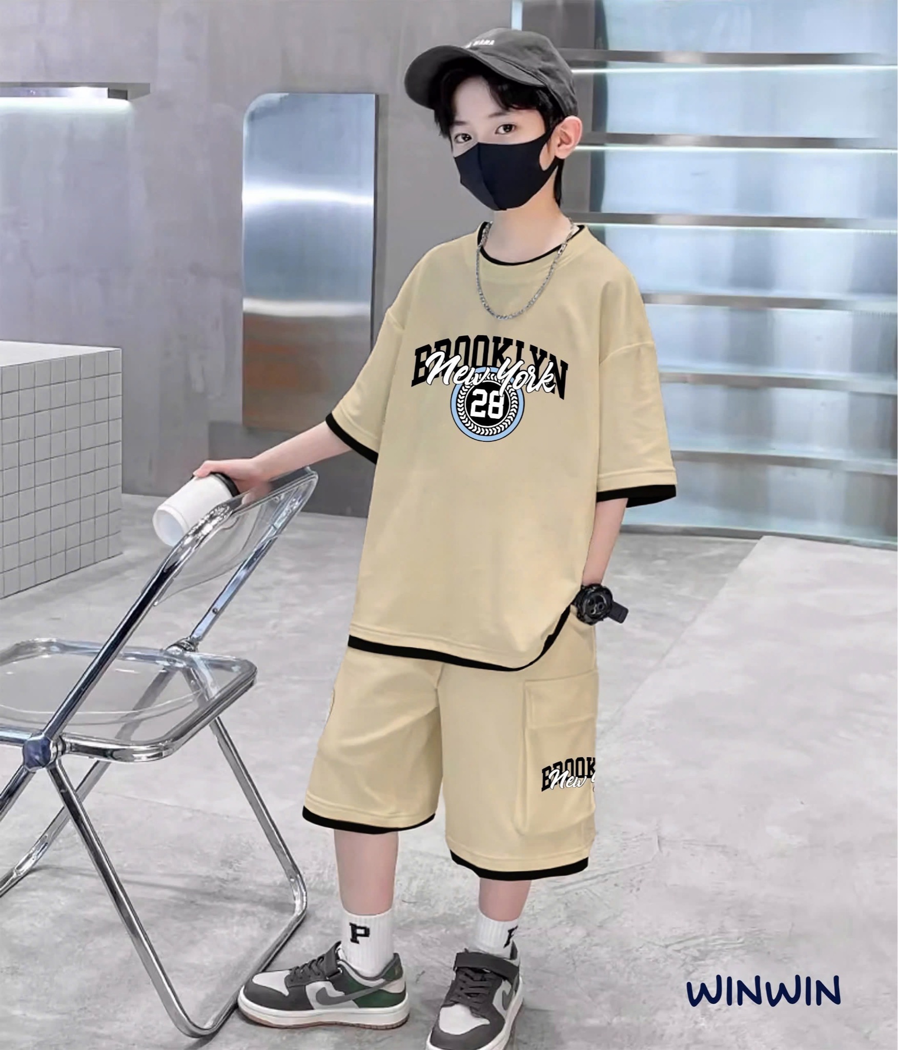 Bộ thun Win Win New York 3 màu đen/be/ghi cho bé trai size 9-16y