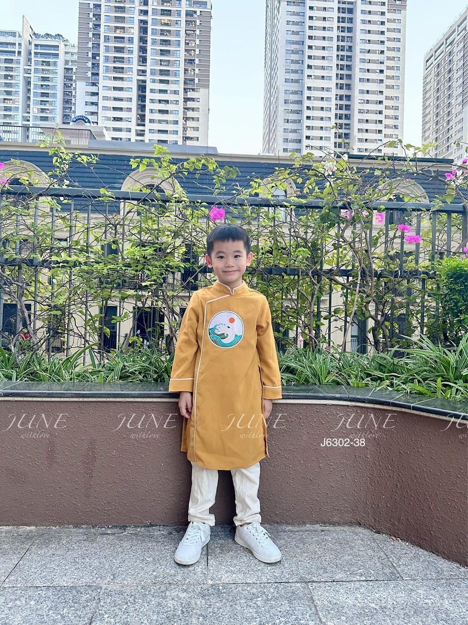 Áo dài nhung June thêu ngực 3 màu Bé Trai size 1 - 10y