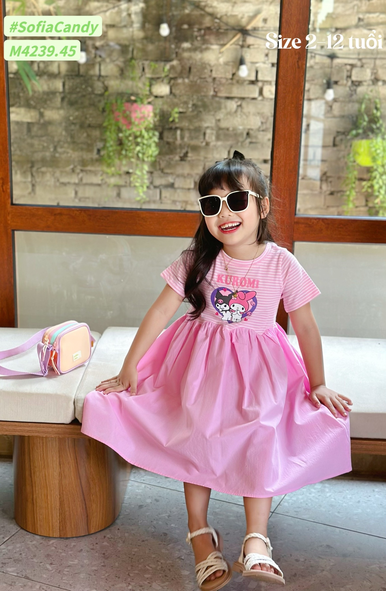 M4239 - Váy Mia Kids Kuromi Melody kẻ hồng chân váy hồng size 2-12y