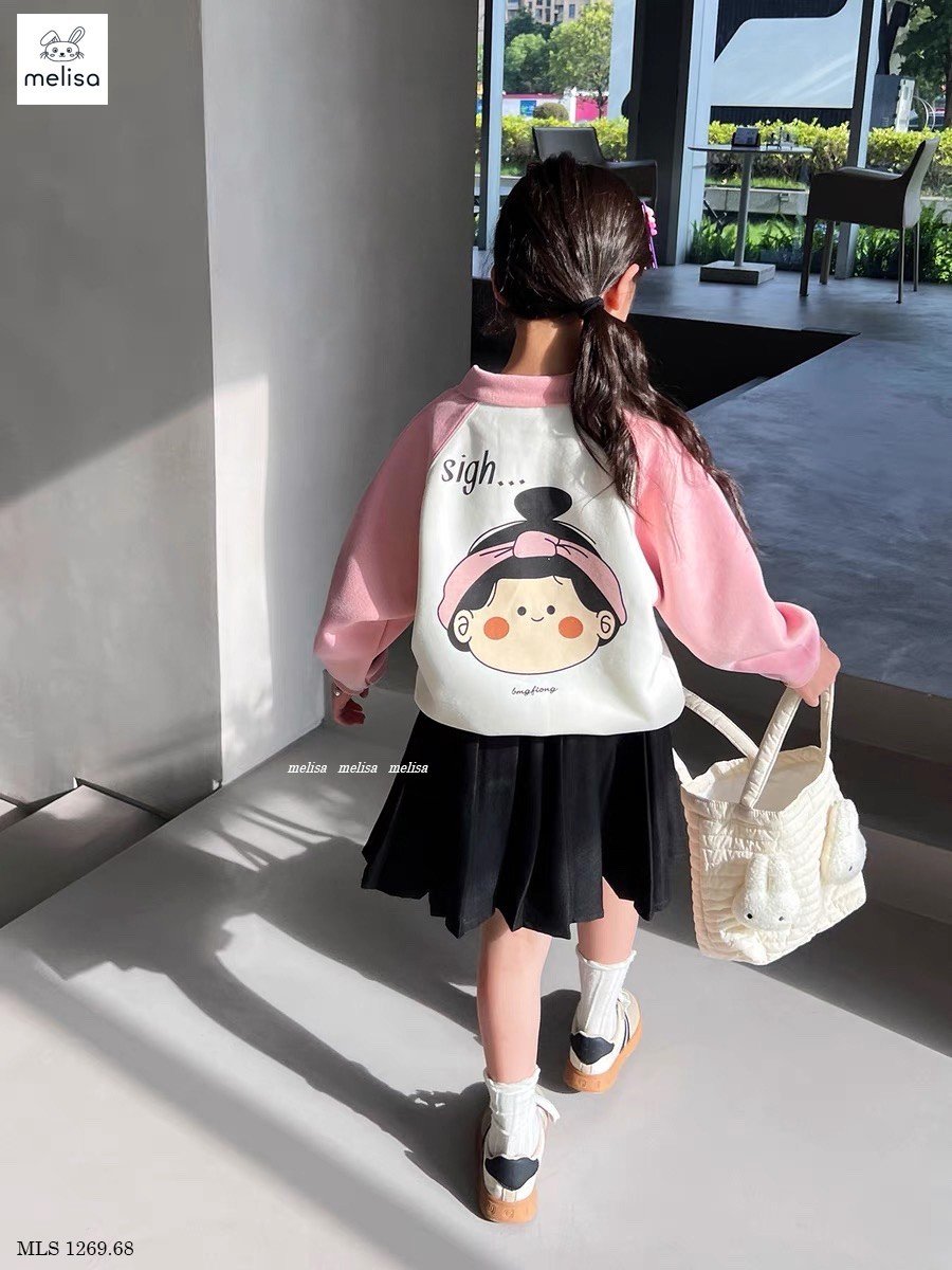 Set Melisa áo trắng phối hồng in hình bé gái - chân váy xếp li đen size 2 - 12y