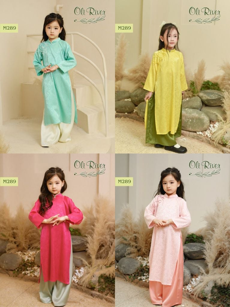 Áo dài lụa Oli River vân hoa chìm 4 màu size 2 - 11y