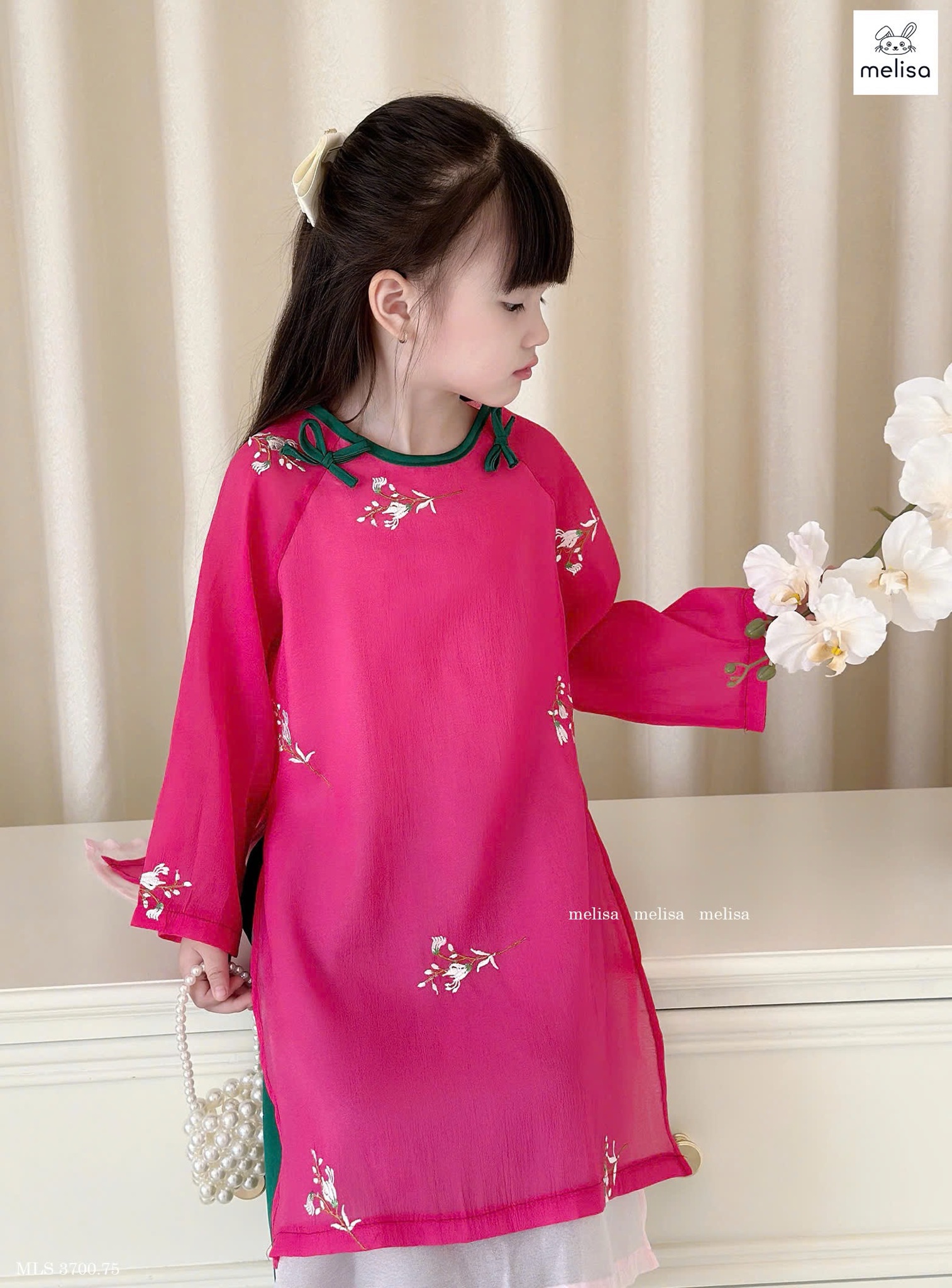 MLS 3700 - Áo dài Melisa hồng thêu hoa phối nơ xanh bé gái size 2-12y