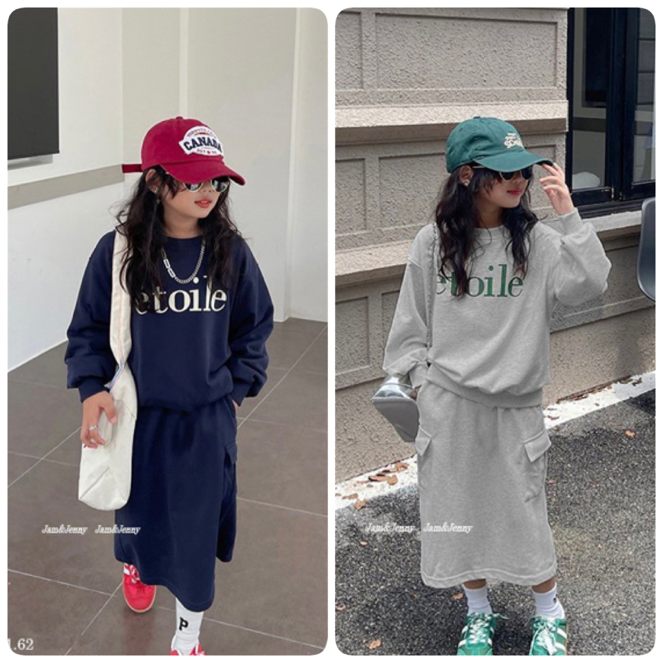 Set nỉ Jam&Jenny áo in chữ Etoile - chân váy túi hộp 2 màu size 2 - 12y