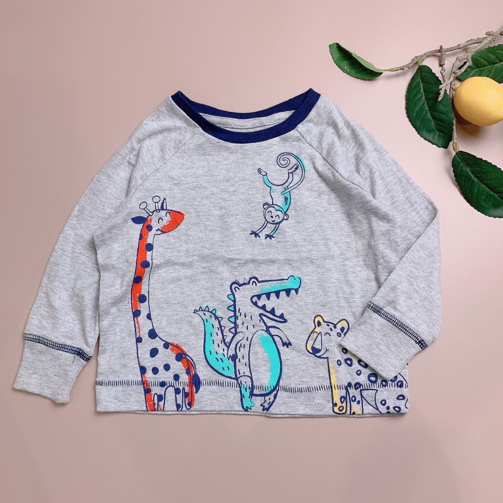 Áo cotton matalan dài tay ghi nhiều hình thú
