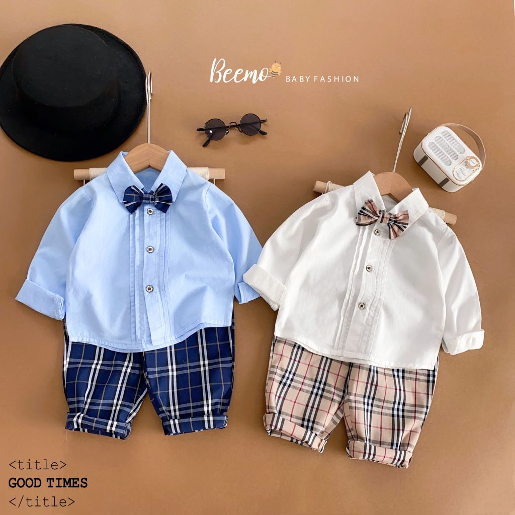 Set bộ Beemo sơ mi kèm nơ + quần kẻ BBR 2 màu size 80 - 130