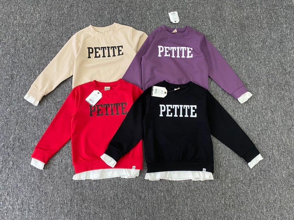 Áo nỉ Petite 4 màu phối gấu tay trắng size 105 - 140