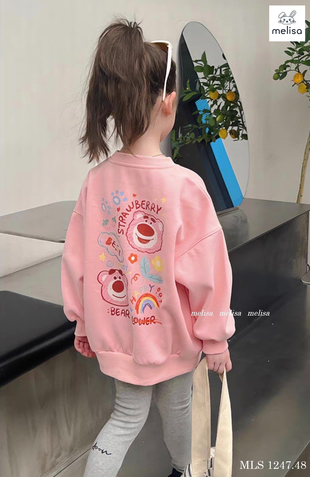 Bộ Melisa áo váy hồng in hình gấu dâu - quần legging cotton màu ghi size 2 - 12y