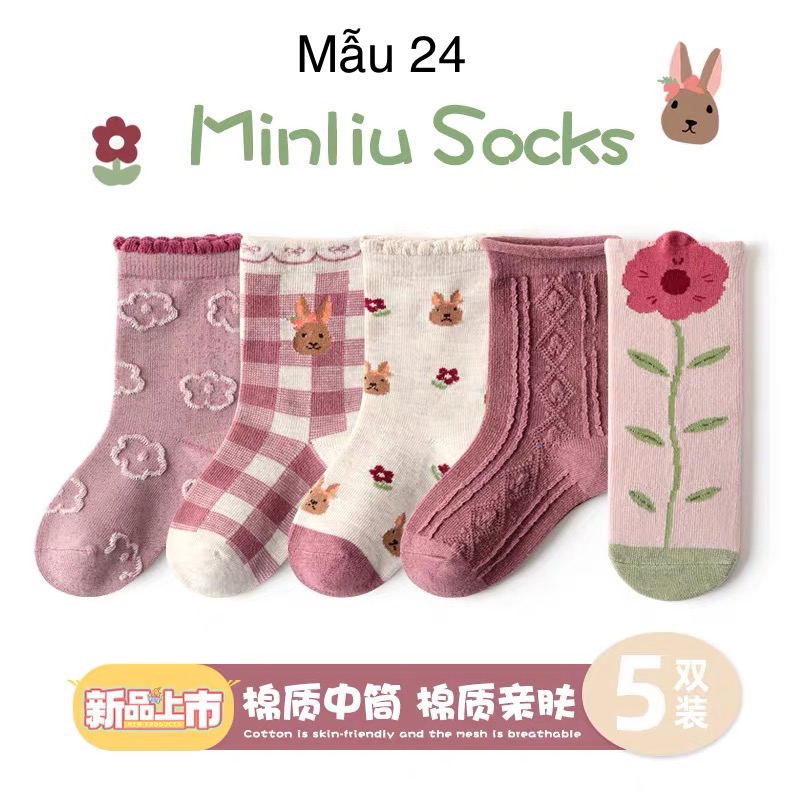 Set 5 tất Minliu Kids Socks nhiều hình Bé Gái size 2 - 12y