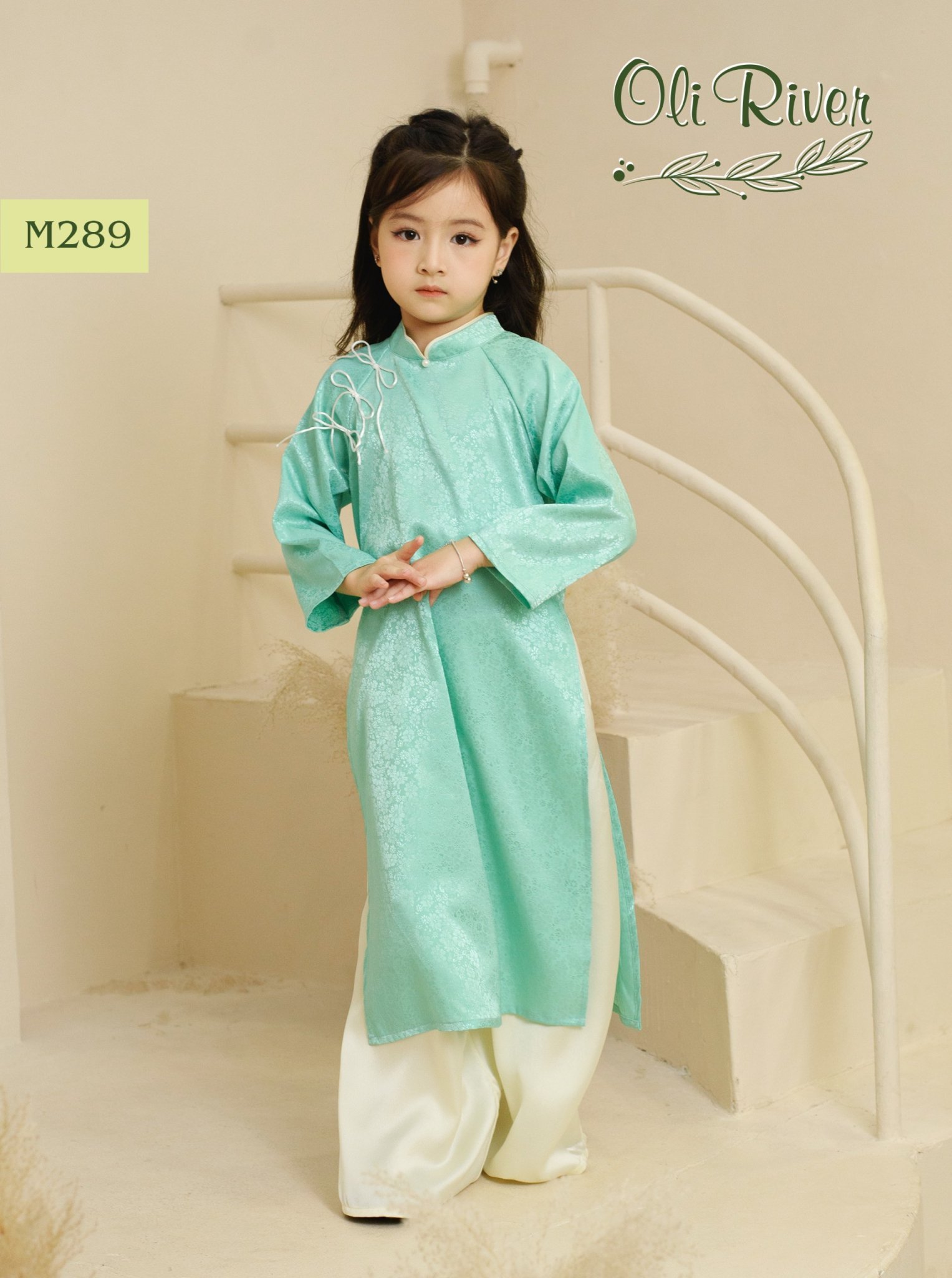 Áo dài lụa Oli River vân hoa chìm 4 màu size 2 - 11y