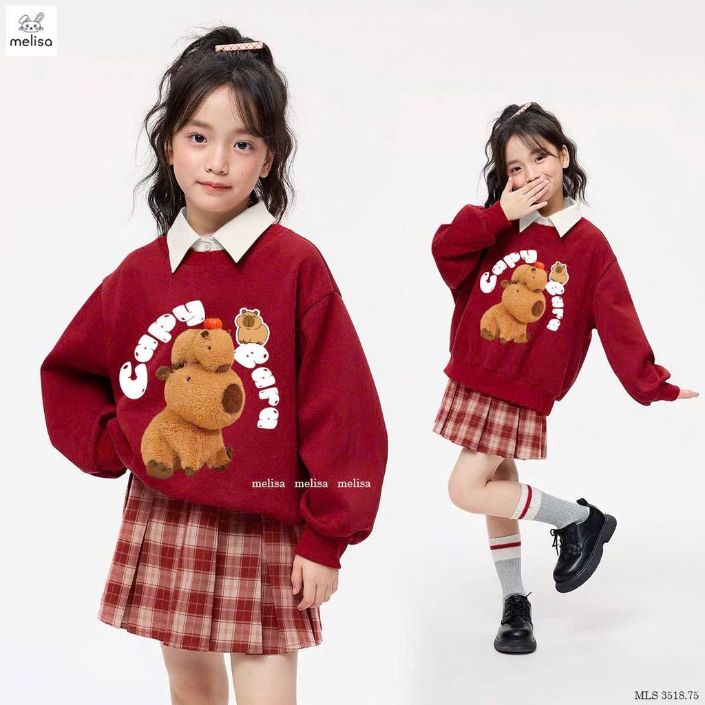 MLS 3518 - Set Melisa áo nỉ đỏ Capybara cổ sơ mi trắng - chân váy kẻ đỏ size 2 - 12y