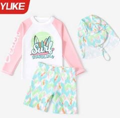 YY301 - Set 3ct bơi YUKE kèm mũ dài tay chống nắng màu trắng hồng SURF size 100-160