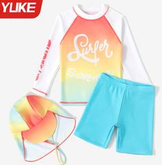 YY304 - Bộ bơi 3ct YUKE kèm mũ dài tay chống nắng cam SURFER cho bé size 100-160