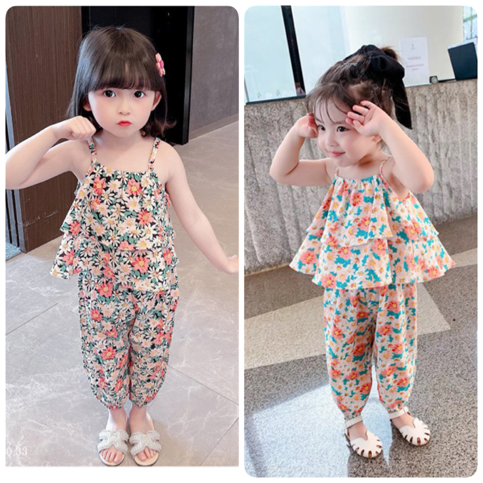 Bộ thô lanh Melisa áo 2 dây xếp bèo - quần boom 2 màu hoa size 2 - 11y