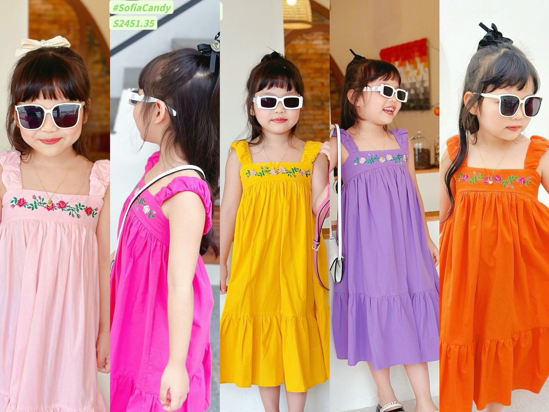 Váy thô Sofia Candy hai dây thêu hoa ngực nhiều màu size 1-10y