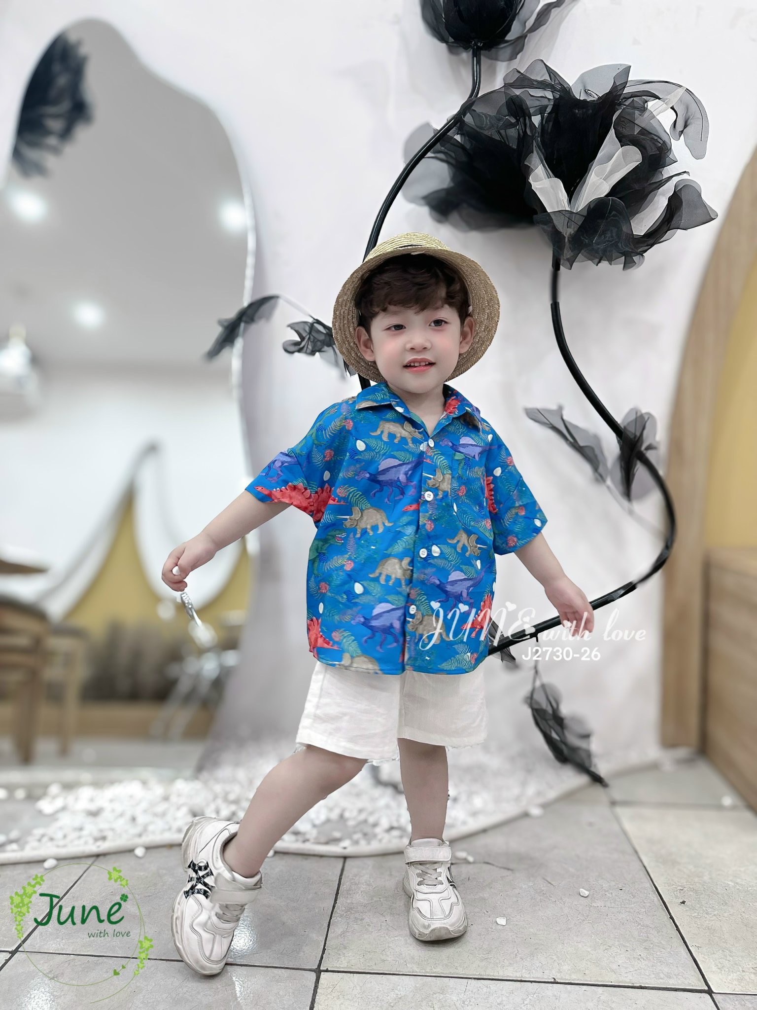 Bộ June With Love vải thô áo khủng long xanh BT size 1-10y