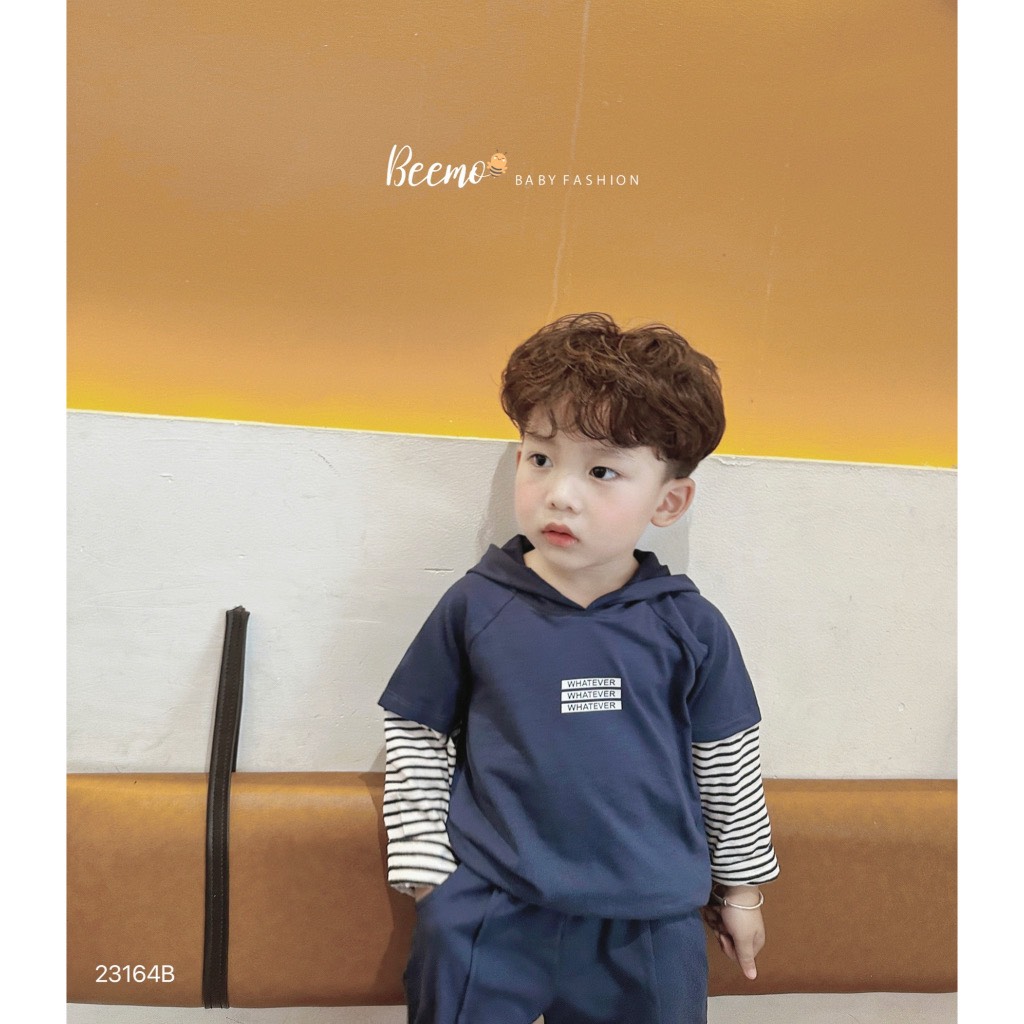 Bộ cotton Beemo áo có mũ phối tay kẻ Whatever 2 màu size 80 - 130