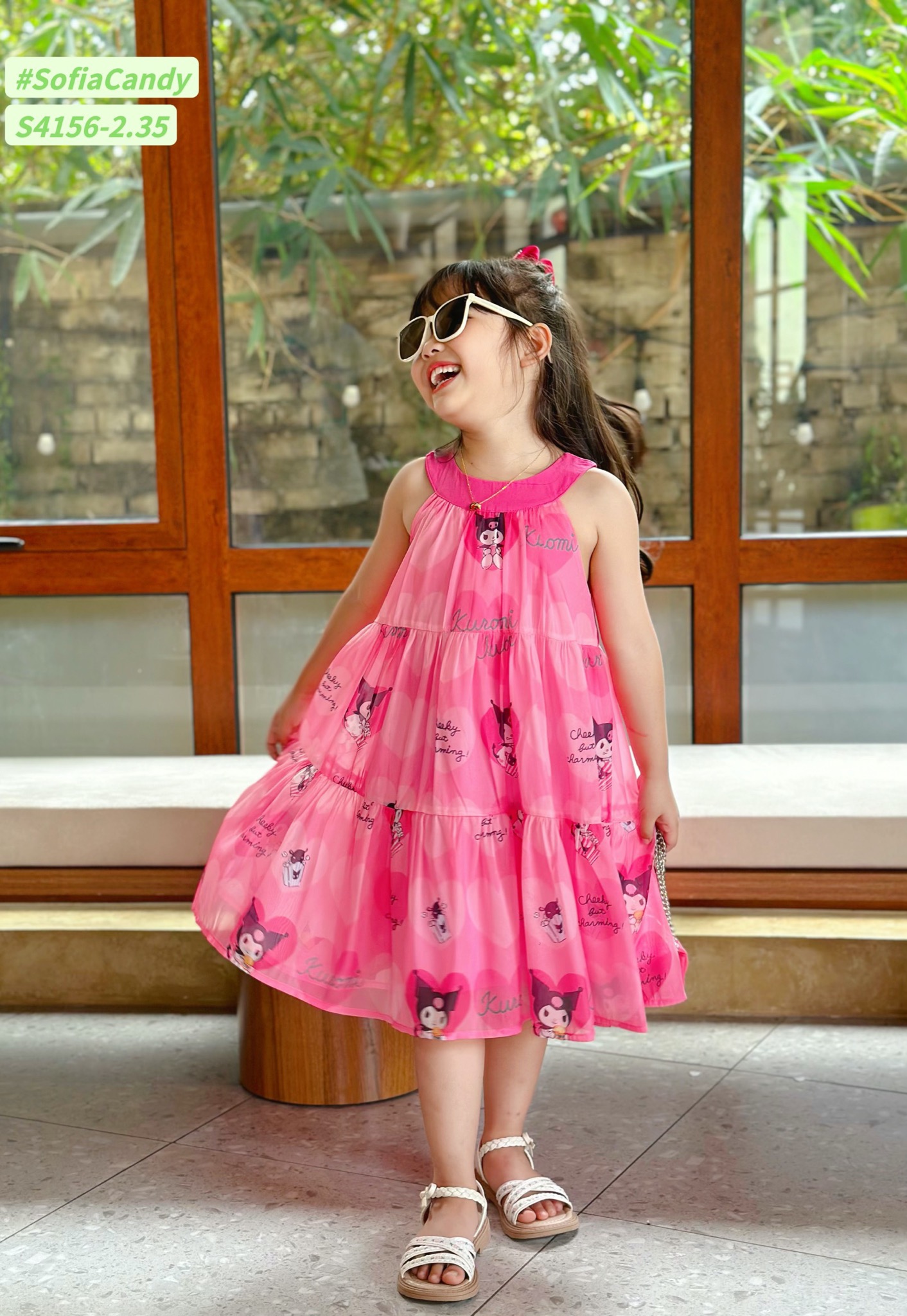 S4156 - Váy Sofia Candy vải tơ kuromi 2 màu hồng/tím in tràn cổ yếm size 1-10y