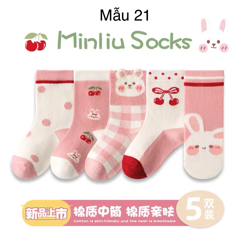 Set 5 tất Minliu Kids Socks nhiều hình Bé Gái size 2 - 12y