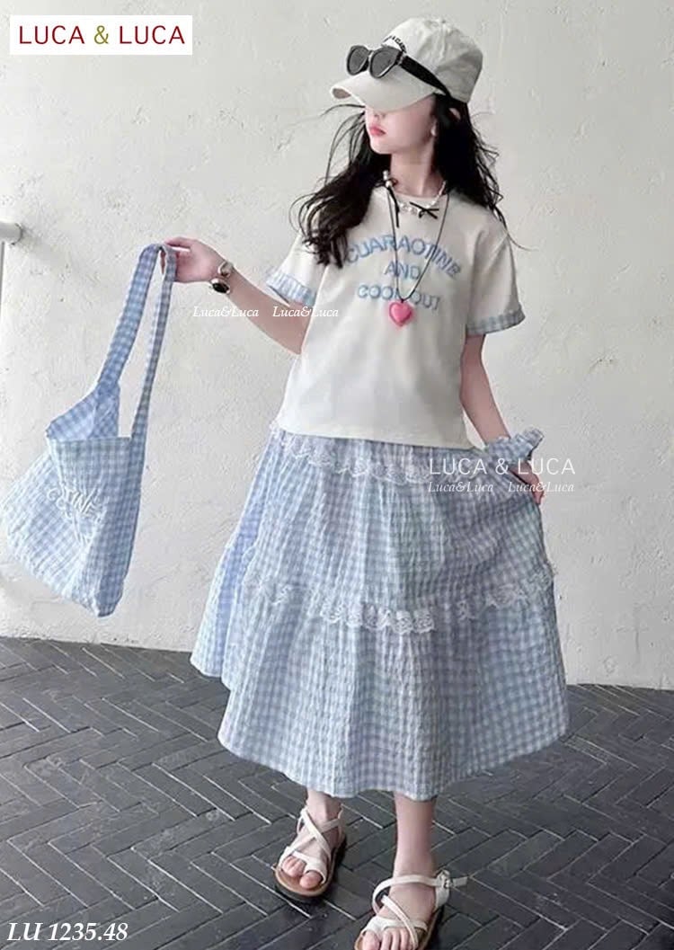 LU 1235 - Bộ Luca áo trắng + chân váy kẻ caro xanh bé gái size 2-12y